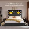 imageYITAHOME Queen Bed Frame with Bookcase Headboard and 4 Storage Drawers RGB LED Bed Frame with USB Charging Station Storage Headboard Bed No Box Spring Needed Noise Free Antique WhiteBlack