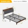 imageYITAHOME Queen Size Bed Frame Storage Headboard Bed with Charging Station Upholstered Platform Bed Frame with USB Ports No Box Spring Needed Under Bed Storage Easy Assembly Rustic Brown