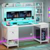 imageYITAHOME Computer Desk with Hutch amp Drawers 59 Office Desk with Power Outlets Gaming Desk with LED Lights and Storage Shelves GreyWhite