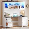 imageYITAHOME Executive Desk with Hutch and Drawers Farmhouse Computer Desk with Power Outlet amp LED Lights Home Office Desks with Storage Shelves Storage Cabinet with Glass Door White amp BlackWhite  Black