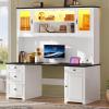 imageYITAHOME Executive Desk with Hutch and Drawers Farmhouse Computer Desk with Power Outlet amp LED Lights Home Office Desks with Storage Shelves Storage Cabinet with Glass Door White amp BlackBlack  White