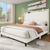 imageYITAHOME Full Bed Frame with Adjustable Vertical Channel Wingback Headboard Upholstered Platform Bed with LED Lights Solid Wood Slat Support No Box Spring NeededBeigeBeige Cream