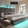 imageYITAHOME King Size Bed Frame with 3 Storage Drawers and RGB LED Lights Velvet Upholstered Bed with Charging Station and Storage Headboard No Box Spring Needed Easy Assembly NoiseFree GreyDark Grey