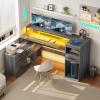 imageYITAHOME L Shaped Desk with Drawers 59 Corner Computer Desk with Power Outlets amp LED Lights Farmhouse Wood LShaped Desk with File Cabinet Printer Stand Host Stand for Home Office GreyCarbon Grey
