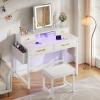 imageYITAHOME Makeup Vanity Desk Set with Mirror and Lights amp Power Outlets Makeup Table with 3 Adjustable Lighting Modes Vanity Set with Open Shelves and Hidden Storage Stool for Bedroom WhiteCream White
