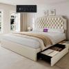 imageYITAHOME Queen Bed Frame with Bookcase Headboard and 4 Storage Drawers RGB LED Bed Frame with USB Charging Station Storage Headboard Bed No Box Spring Needed Noise Free Antique WhiteBeige