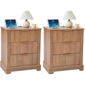 imageYITAHOME 2PCS Fluted Side Table with Drawer amp Charging Station Nightstands Set of 2 End Table for Bedroom or Living Room Oak Color