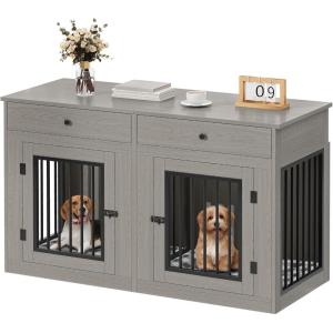 imageYITAHOME 60 Wooden Dog Crate Furniture with Removable Divider amp Storage Drawers Double Door Kennel with Locks for Medium and Large Dogs MultiFunctional Dog Crate End Table for Indoor use GreyGrey