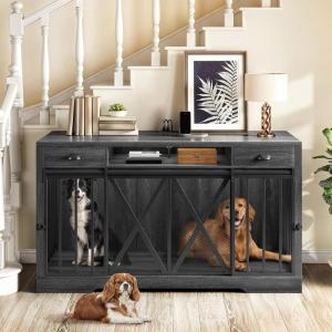 imageYITAHOME 60 Wooden Dog Crate Furniture with Removable Divider amp Storage Drawers Double Door Kennel with Locks for Medium and Large Dogs MultiFunctional Dog Crate End Table for Indoor use GreyDark Grey