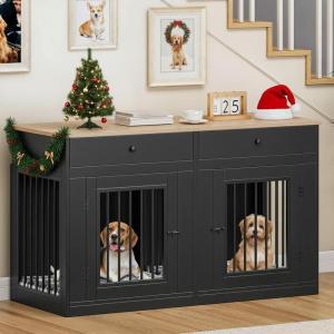 imageYITAHOME 60 Wooden Dog Crate Furniture with Removable Divider amp Storage Drawers Double Door Kennel with Locks for Medium and Large Dogs MultiFunctional Dog Crate End Table for Indoor use GreyBlack