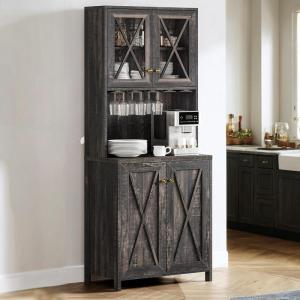 imageYITAHOME 67 Tall Wine Bar Cabinet for Liquor and Glasses Farmhouse Freestanding Coffee Bar Cabinet with Glasses Racks  Storage Shelves WGlass Doors for Living Dining Room Hallway Dark Rustic OakDark Rustic Oak