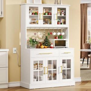 imageYITAHOME 71 Farmhouse Kitchen Pantry Storage Cabinet with Power Outlet Freestanding Pantry Hutch Cabinets with Large Countertop Microwave Stand amp Adjustable Shelves Lvory GreyWhite