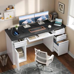 imageYITAHOME Computer Desk with 3 Drawers Power Outlets amp File Drawer Modern Office Desk Work Desk for Home Office Study or Living Room Black amp WhiteBlack  White