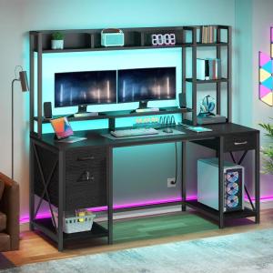imageYITAHOME Computer Desk with Hutch amp Drawers 59 Office Desk with Power Outlets Gaming Desk with LED Lights and Storage Shelves GreyBlack