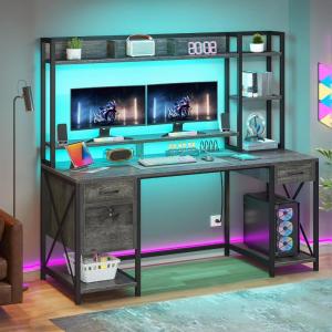 imageYITAHOME Computer Desk with Hutch amp Drawers 59 Office Desk with Power Outlets Gaming Desk with LED Lights and Storage Shelves GreyGrey