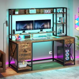 imageYITAHOME Computer Desk with Hutch amp Drawers 59 Office Desk with Power Outlets Gaming Desk with LED Lights and Storage Shelves GreyRustic Brown