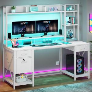 imageYITAHOME Computer Desk with Hutch amp Drawers 59 Office Desk with Power Outlets Gaming Desk with LED Lights and Storage Shelves GreyWhite