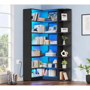 imageYITAHOME Corner Bookshelf and Bookcase with LED Light Black Bookshelf 6 Tier Corner Shelf LShaped Bookcase Storage Display Shelf for Home Office Living Room Bedroom BlackWhite