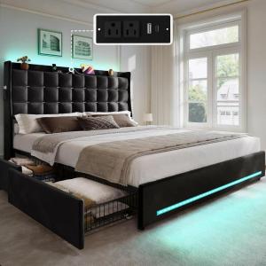 imageYITAHOME King Size Bed Frame with 3 Storage Drawers and RGB LED Lights Velvet Upholstered Bed with Charging Station and Storage Headboard No Box Spring Needed Easy Assembly NoiseFree GreyCharcoal Black