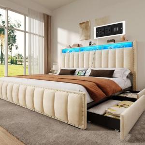 imageYITAHOME King Size Bed Frame with 3 Storage Drawers and RGB LED Lights Velvet Upholstered Bed with Charging Station and Storage Headboard No Box Spring Needed Easy Assembly NoiseFree GreyBeige