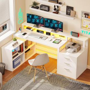 imageYITAHOME L Shaped Desk with 3 Drawers 65 Corner Computer Desk with Power Outlets amp LED Lights LShaped Desk with File Cabinet amp Printer Stand for Home Office White amp OakWhite