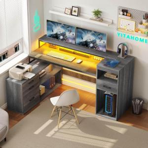 imageYITAHOME L Shaped Desk with Drawers 59 Corner Computer Desk with Power Outlets amp LED Lights Farmhouse Wood LShaped Desk with File Cabinet Printer Stand Host Stand for Home Office GreyCarbon Grey