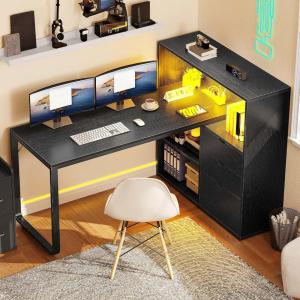 imageYITAHOME L Shaped Desk with Power Outlets 55 Computer Desk with Drawers amp Bookshelf Home Office Desk with LED Lights Corner Desk with File Cabinet WhiteBlack