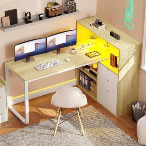 imageYITAHOME L Shaped Desk with Power Outlets 55 Computer Desk with Drawers amp Bookshelf Home Office Desk with LED Lights Corner Desk with File Cabinet WhiteWhite  Oak