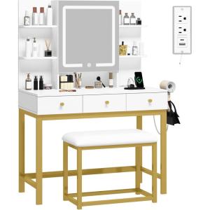 imageYITAHOME Makeup Vanity Desk Set with Mirror and Lights amp Power Outlets Makeup Table with 3 Adjustable Lighting Modes Vanity Set with Open Shelves and Hidden Storage Stool for Bedroom WhiteMilk White