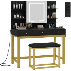 imageYITAHOME Makeup Vanity Desk Set with Mirror and Lights amp Power Outlets Makeup Table with 3 Adjustable Lighting Modes Vanity Set with Open Shelves and Hidden Storage Stool for Bedroom BlackMatte Black