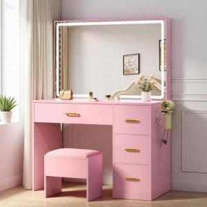 imageYITAHOME Pink Vanity Desk with LED Mirror 35 inch Makeup Table with Charging Station 4 Drawers and Stool Adjustable Light Dressing Table for Women