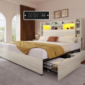 imageYITAHOME Queen Bed Frame with Bookcase Headboard and 4 Storage Drawers RGB LED Bed Frame with USB Charging Station Storage Headboard Bed No Box Spring Needed Noise Free Antique WhiteAntique White