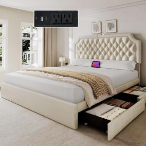 imageYITAHOME Queen Bed Frame with Bookcase Headboard and 4 Storage Drawers RGB LED Bed Frame with USB Charging Station Storage Headboard Bed No Box Spring Needed Noise Free Antique WhiteBeige