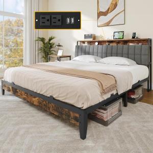 imageYITAHOME Queen Size Bed Frame Storage Headboard Bed with Charging Station Upholstered Platform Bed Frame with USB Ports No Box Spring Needed Under Bed Storage Easy Assembly Rustic Brown