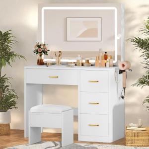 imageYITAHOME Vanity Desk with Large LED Mirror Power Outlet 3 Lighting Modes 4 Drawers and Cushioned Stool for Bedroom Dressing Room