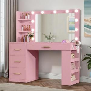 imageYITAHOME Vanity Desk with Mirror amp Lights Makeup Vanity Table Set with Power Outlet 4 Drawers 6 Open Shelves Above and 3 Adjustable Shelves Below 3 Lighting Modes Dressing Table PinkPink