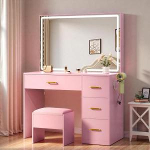 imageYITAHOME Vanity Desk with Mirror amp Lights Makeup Vanity Table Set with Power Outlet 4 Drawers 6 Open Shelves Above and 3 Adjustable Shelves Below 3 Lighting Modes Dressing Table PinkLight Pink