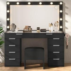 imageYITAHOME Vanity Desk with Mirror and Lights Makeup Vanity Set with Glass Top amp 10Drawer Charging Station Dressing Table with Storage Chair amp 3Color Brightness Adjustable Lighting Ink BlackInk Black