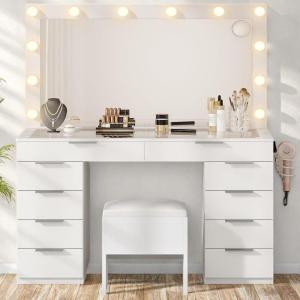 imageYITAHOME Vanity Desk with Mirror and Lights Makeup Vanity Set with Glass Top amp 10Drawer Charging Station Dressing Table with Storage Chair amp 3Color Brightness Adjustable Lighting Ink BlackPearl White