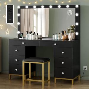 imageYITAHOME Vanity Desk with Mirror and Lights Makeup Vanity Set with Glass Top amp 10Drawer Charging Station Dressing Table with Storage Chair amp 3Color Brightness Adjustable Lighting Ink BlackDark Black