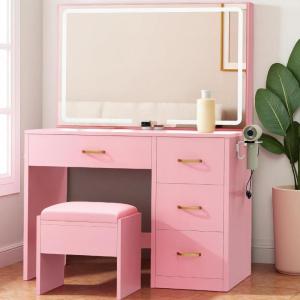 imageYITAHOME Vanity Set Makeup Vanity Desk with Adjustable LED Mirror Power Outlets 4 Drawers Hairdryer Holder Stool