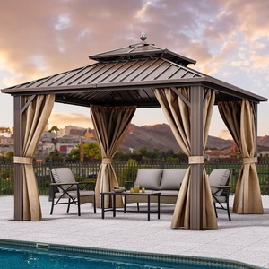 image:imageYITAHOME 10x10ft Gazebo Double Roof Hardtop with Nettings and Curtains Heavy Duty Galvanized Steel Outdoor Vertical Stripes Roof for Patio Backyard Deck Lawns BrownBronze w finia