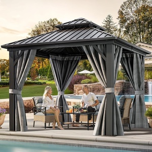 image:imageYITAHOME 10x10ft Gazebo Double Roof Hardtop with Nettings and Curtains Heavy Duty Galvanized Steel Outdoor Vertical Stripes Roof for Patio Backyard Deck Lawns BrownGray