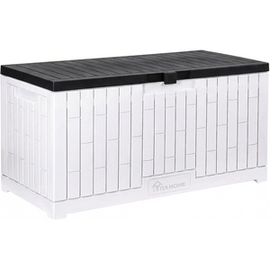 image:imageYITAHOME Large Deck Box 120 Gallon Resin Outdoor Storage Box wSlideLocking Black Lid Patio Storage Bin for Outdoor Pillows Garden Tools and Pool Supplies Waterproof Lockable GrayishWhiteGrayishWhite
