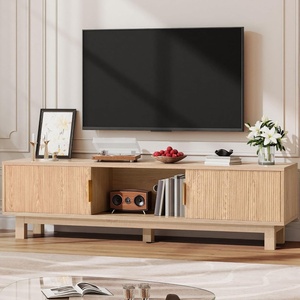 image:imageYITAHOME 59 Fluted TV Stand for TVs up to 65 MidCentury Modern Media Console with Builtin Power Outlets Adjustable Shelves amp Cable Holes Wooden Entertainment Center for Living Room BlackNatural Oak
