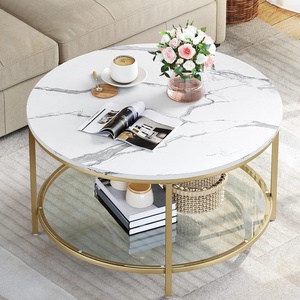 image:imageYITAHOME White Marble Round Coffee Table with Glass for Living Room 2Tier Circle Coffee Table with Storage Clear Coffee Table Simple Modern Center Cocktail Table White amp GoldGold