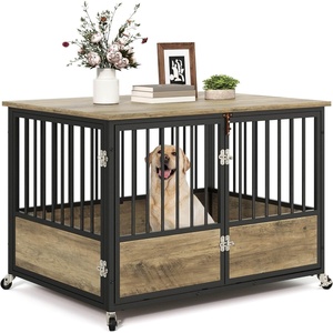 image:imageYITAHOME Dog Crate Furniture Heavy Duty Dog Cage Wooden Side End Table with Wheels ChewResistant Metal Dog Kennel with Removable Tray Dog House Indoor for Small Medium Dogs WhiteGreige