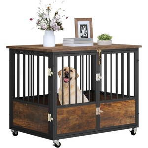 image:imageYITAHOME Dog Crate Furniture Heavy Duty Dog Cage Wooden Side End Table with Wheels ChewResistant Metal Dog Kennel with Removable Tray Dog House Indoor for Small Medium Dogs WhiteRustic Brown