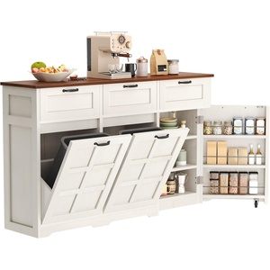 image:imageYITAHOME Farmhouse Kitchen Island Tilt Out Trash Can Cabinet 583 Kitchen Storage Island with 3 Drawers 2 TiltOut Bins Compartment for 10 Gallon Trash Cans Adjustable Shelf amp Metal HandleWhite Oak