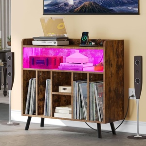image:imageYITAHOME Record Player Stand with Power Outlets and LED Lights Holds Up to 130 Albums Record Player Table with Storage Vinyl Record Storage with Solid Legs for Living Room Bedroom Brown